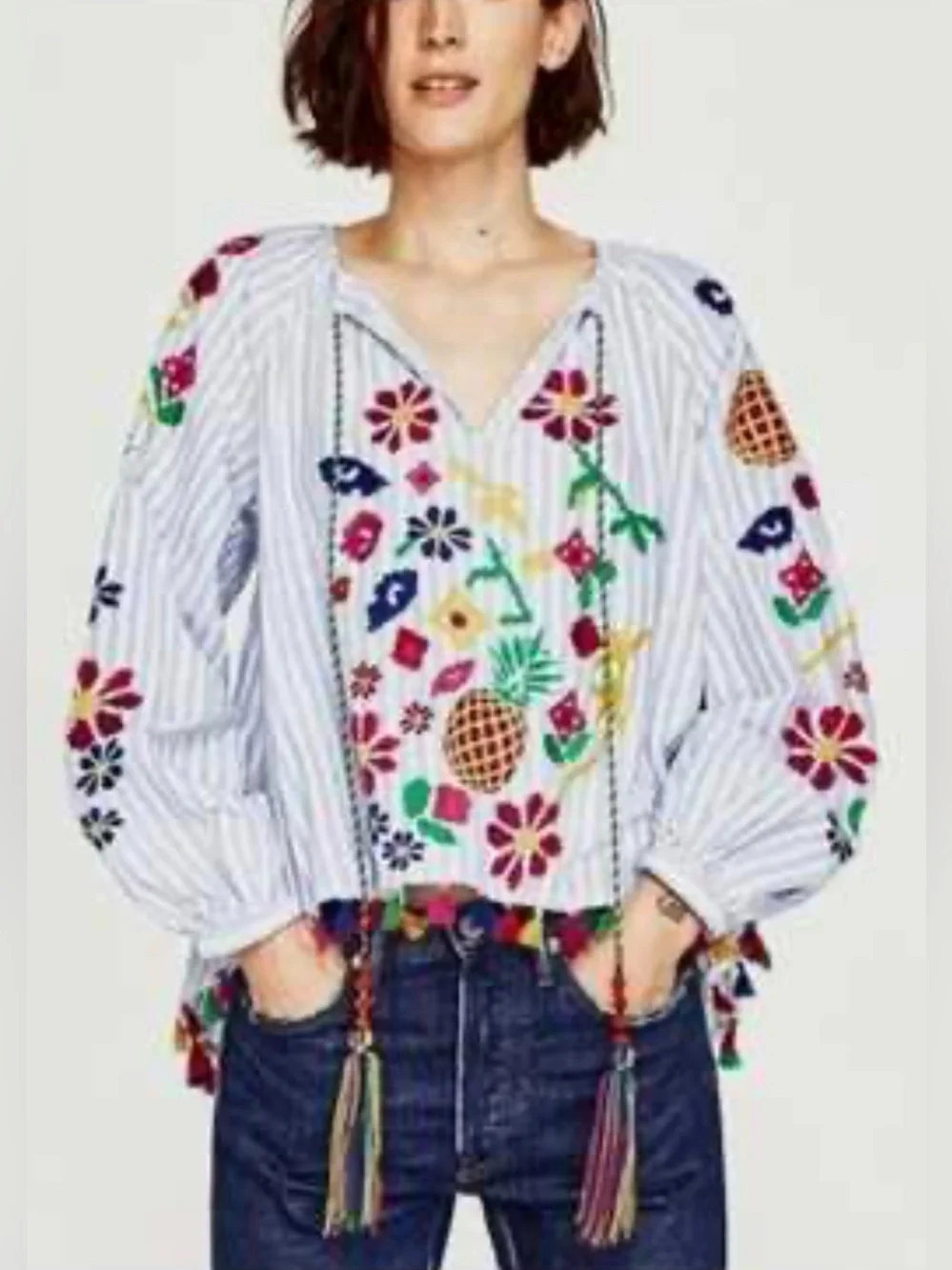 Zara‎ Blue White Striped Embroidered Tassel Peasant Blouse Size M